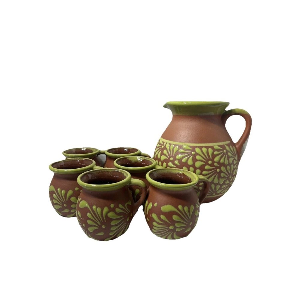 Terra Cotta Mexican Art Pottery Pitcher With 6 Cups Jarra Artesanal Mexicana NEW